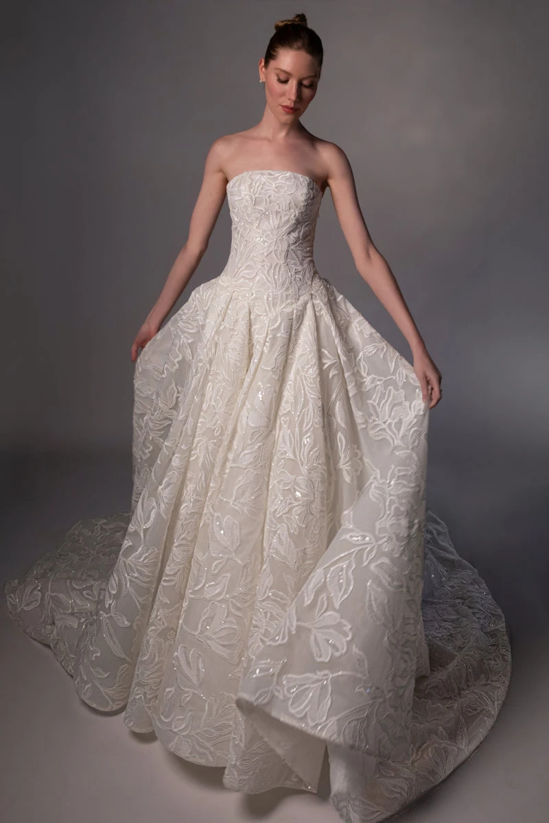 le1506 Oversized Floral Lace Bridal Ballgown with an Off-the-Shoulder Detachable Shawl Detail  by Martina Liana Luxe