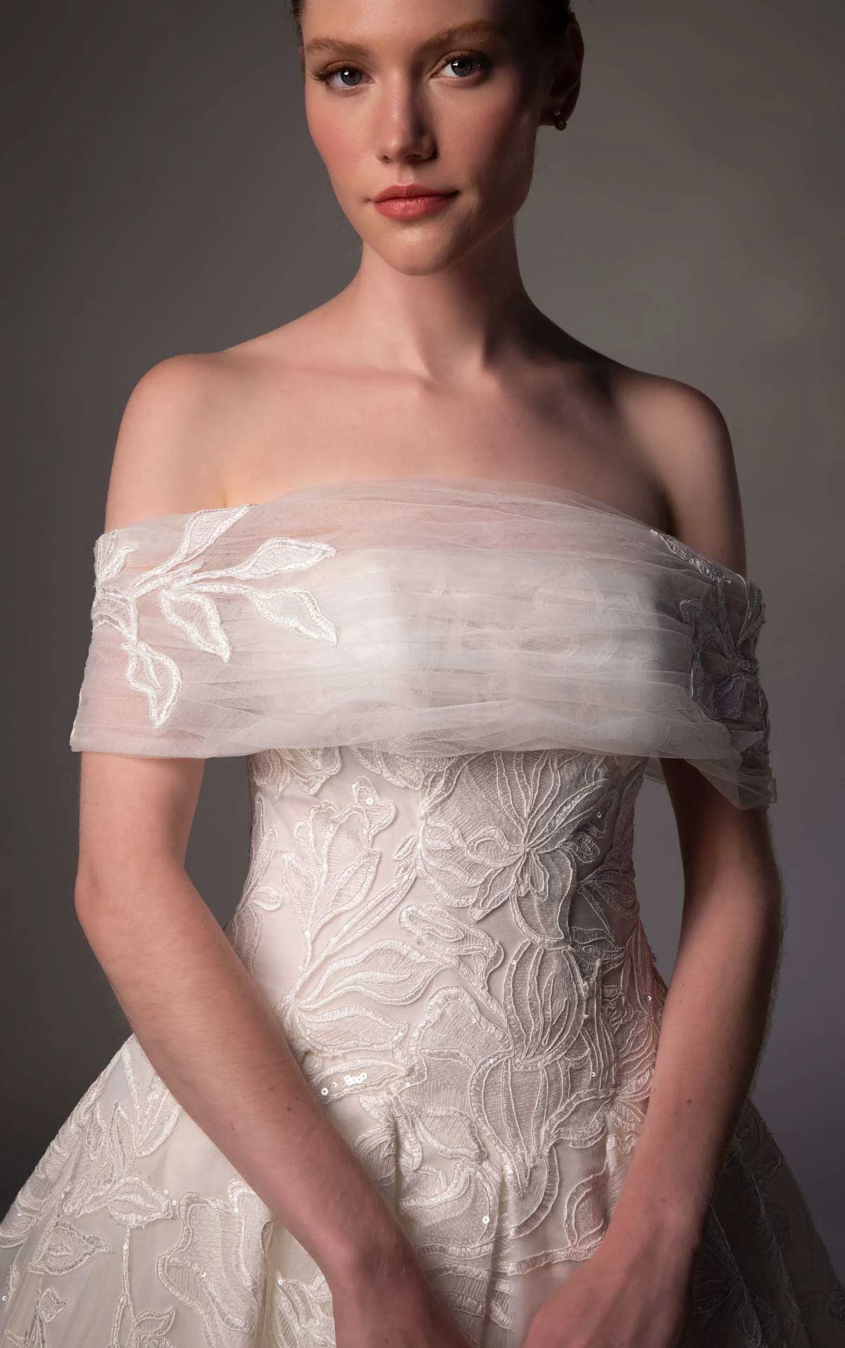 le1506 Oversized Floral Lace Bridal Ballgown with an Off-the-Shoulder Detachable Shawl Detail  by Martina Liana Luxe