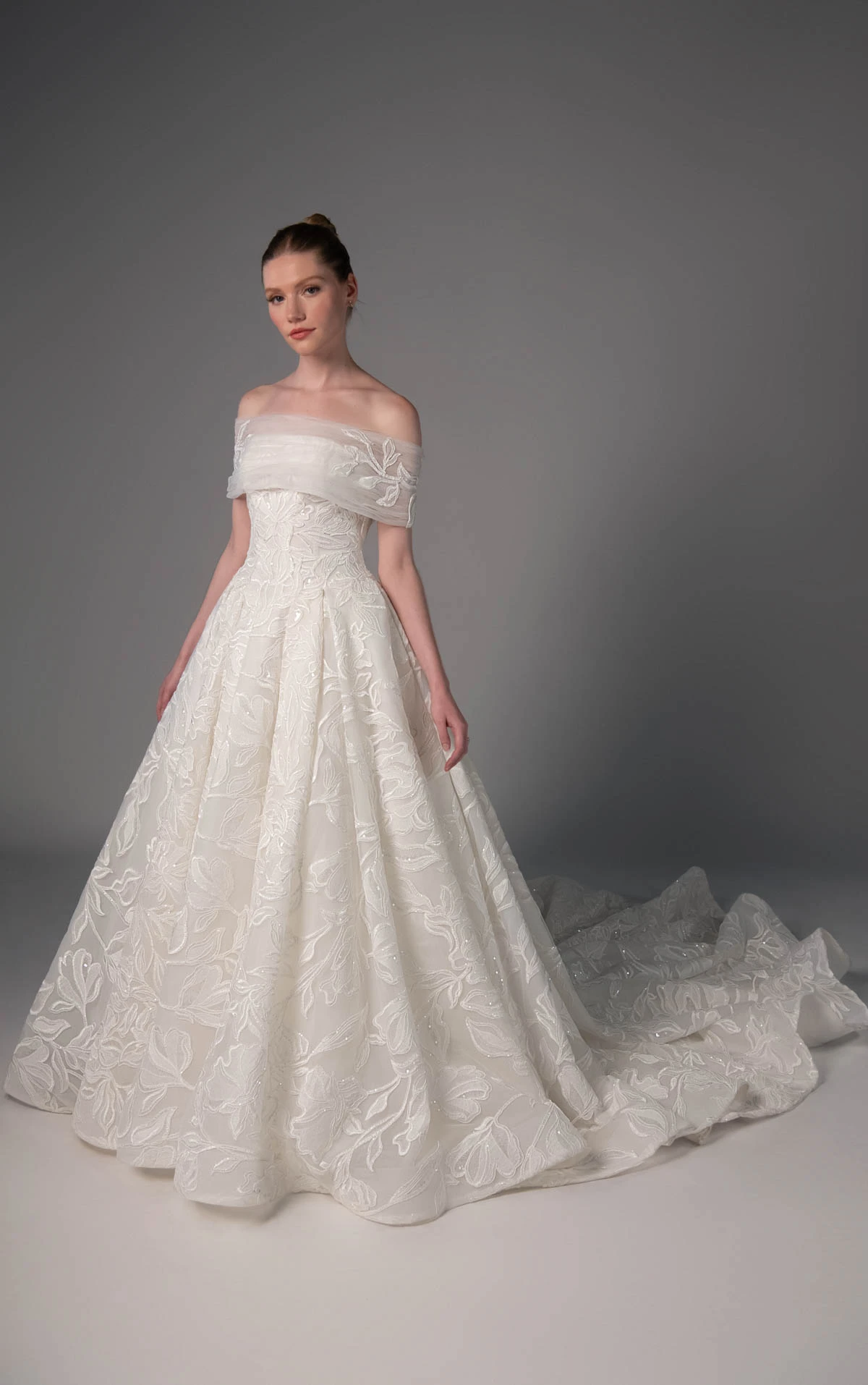 le1506 Oversized Floral Lace Bridal Ballgown with an Off-the-Shoulder Detachable Shawl Detail  by Martina Liana Luxe