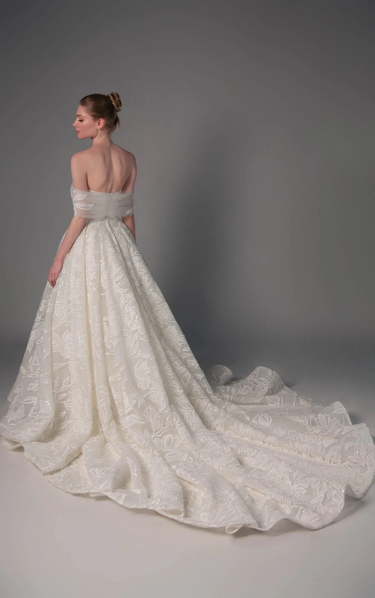 le1506 Oversized Floral Lace Bridal Ballgown with an Off-the-Shoulder Detachable Shawl Detail  by Martina Liana Luxe