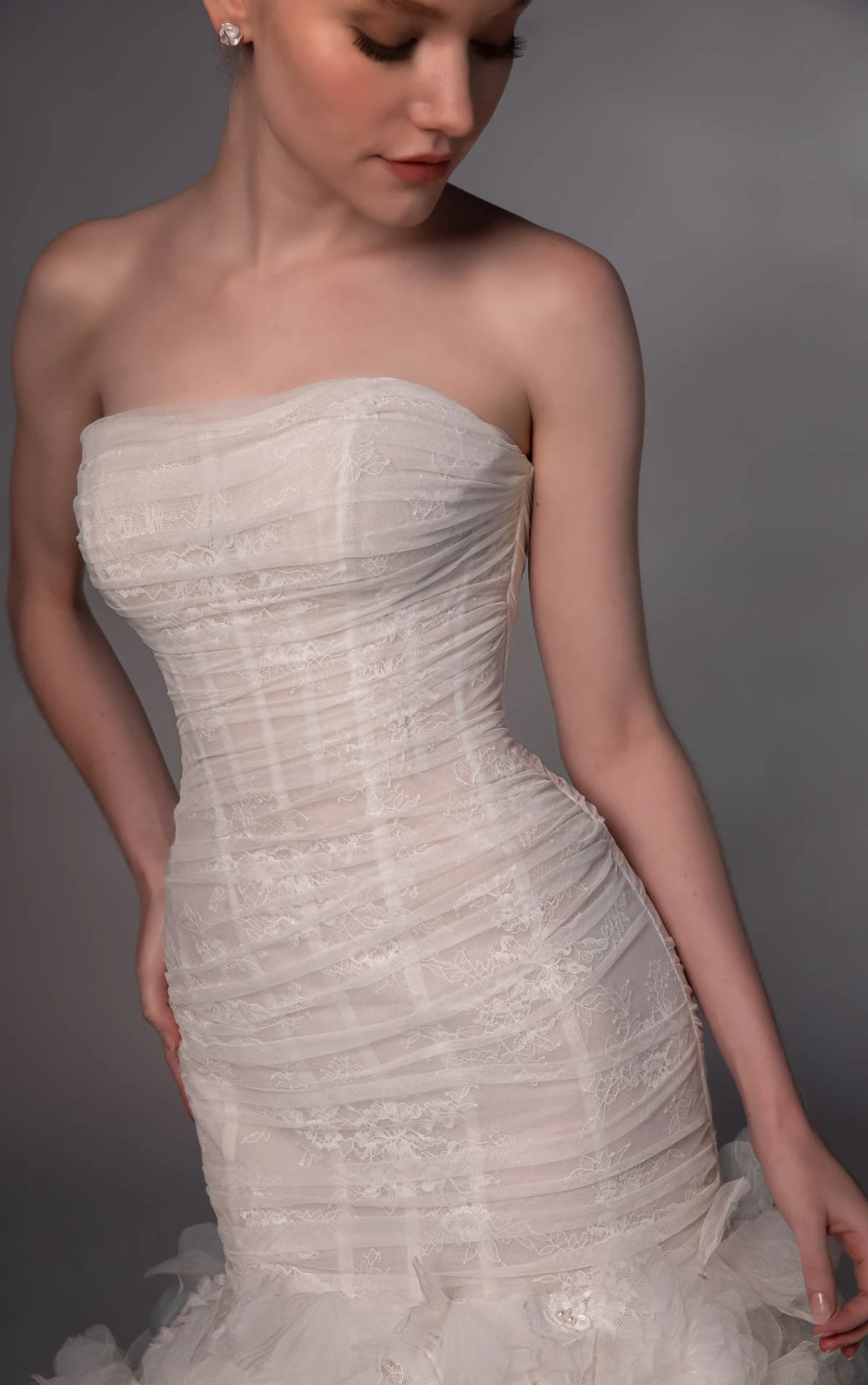 le1509 Strapless Lace Bridal Gown Featuring a Dimensional 3D Rosette Skirt  by Martina Liana Luxe