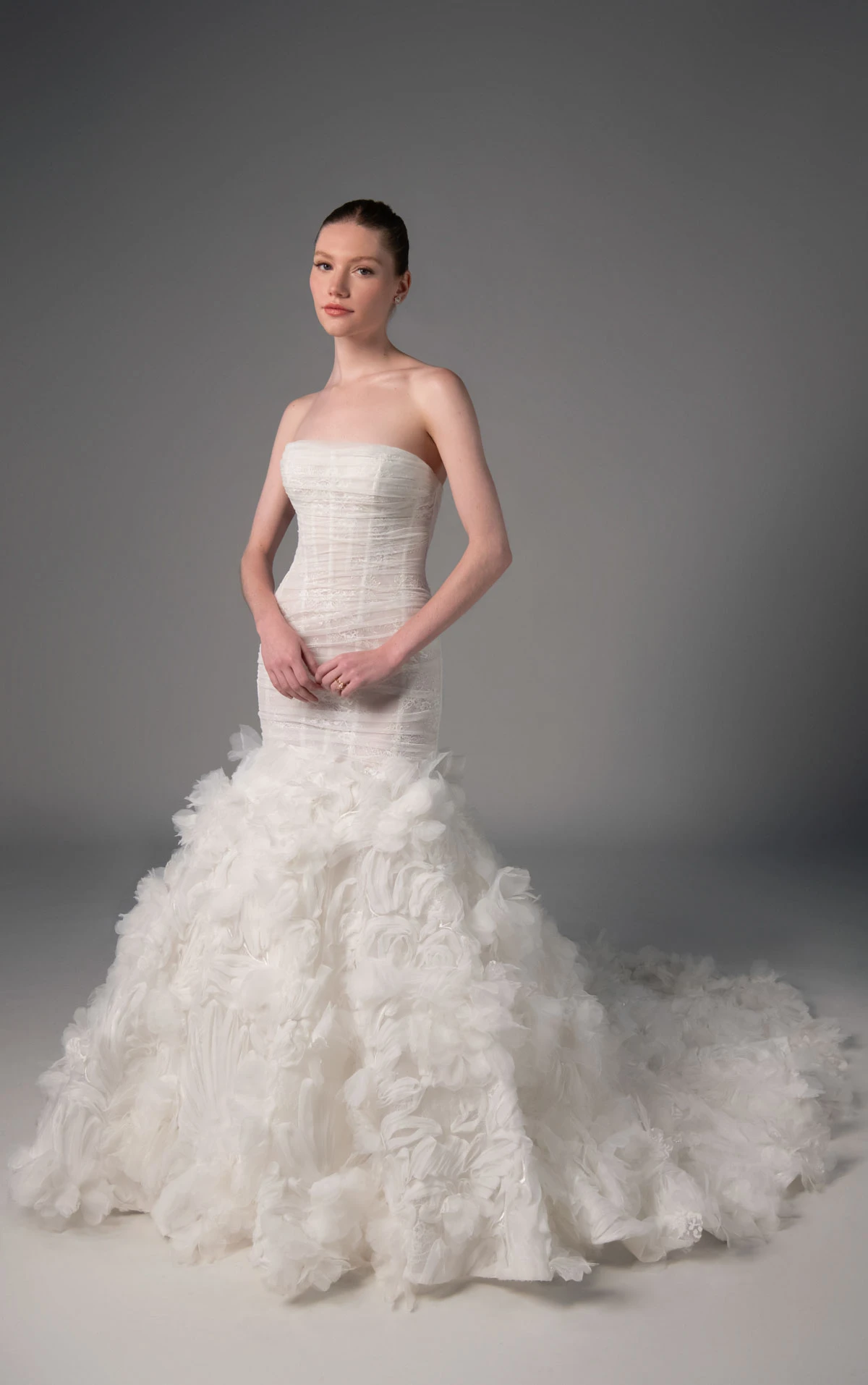 le1509 Strapless Lace Bridal Gown Featuring a Dimensional 3D Rosette Skirt  by Martina Liana Luxe