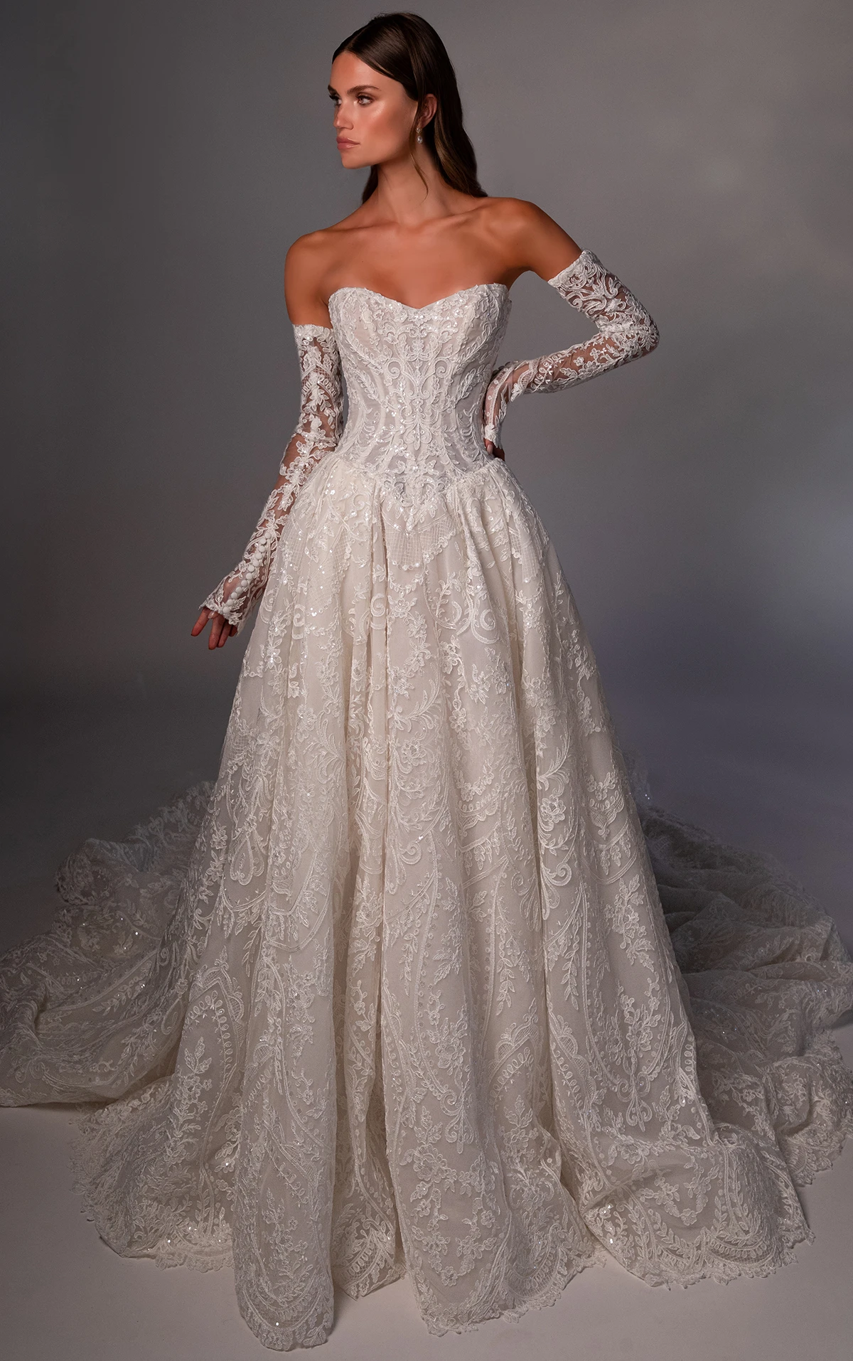 le1510 Ballgown Wedding Dress in Sparkling Lace with a Basque Waist and Detachable Sleeves  by Martina Liana Luxe