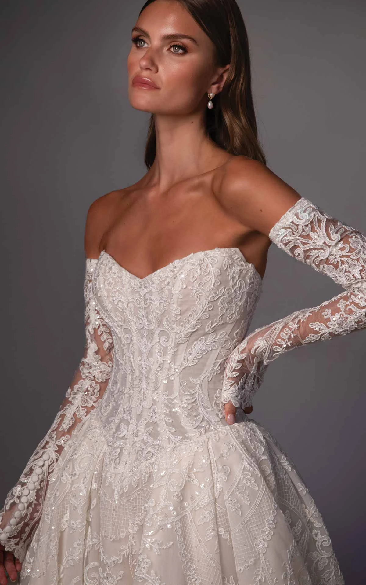 le1510 Ballgown Wedding Dress in Sparkling Lace with a Basque Waist and Detachable Sleeves  by Martina Liana Luxe