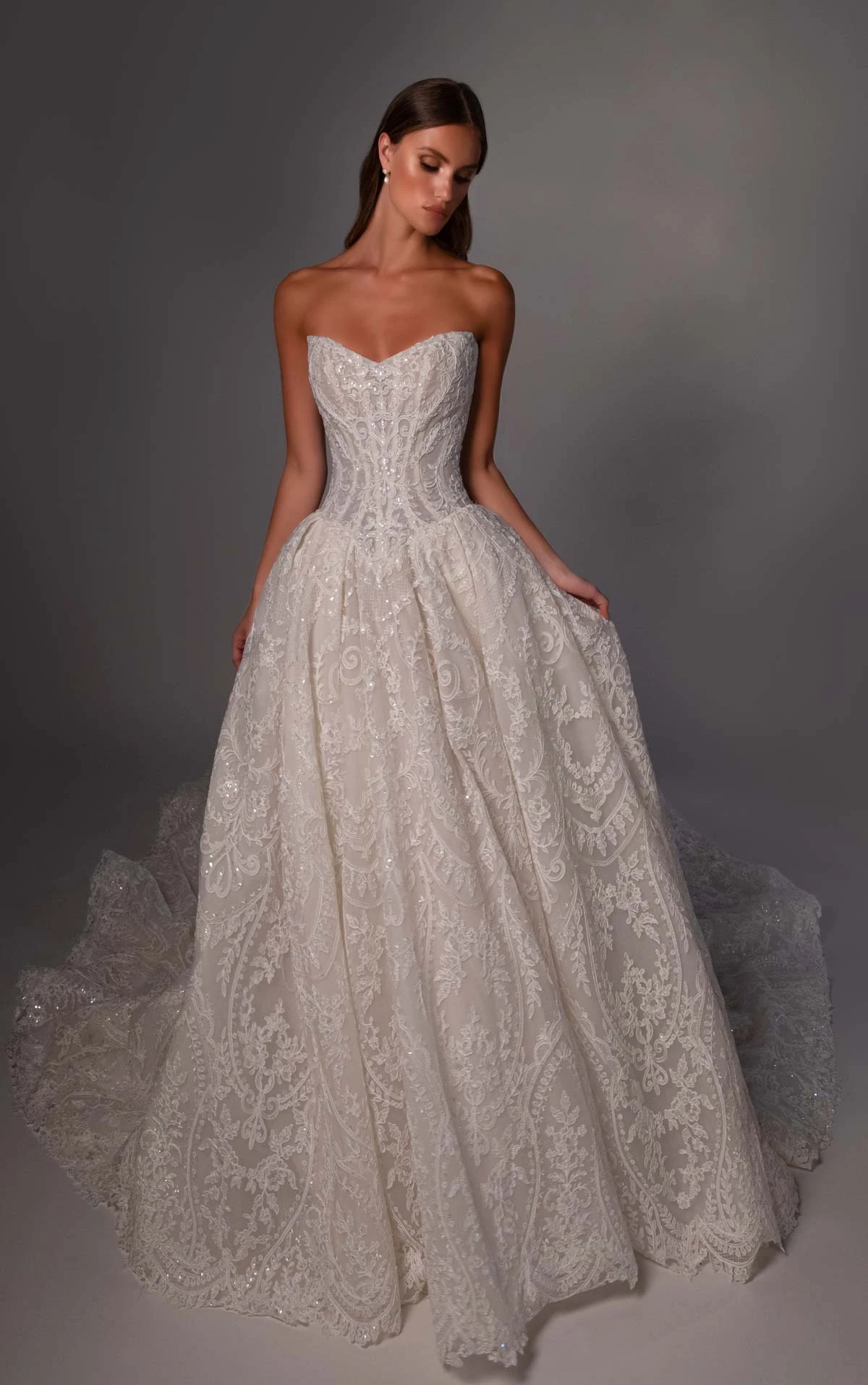 le1510 Ballgown Wedding Dress in Sparkling Lace with a Basque Waist and Detachable Sleeves  by Martina Liana Luxe