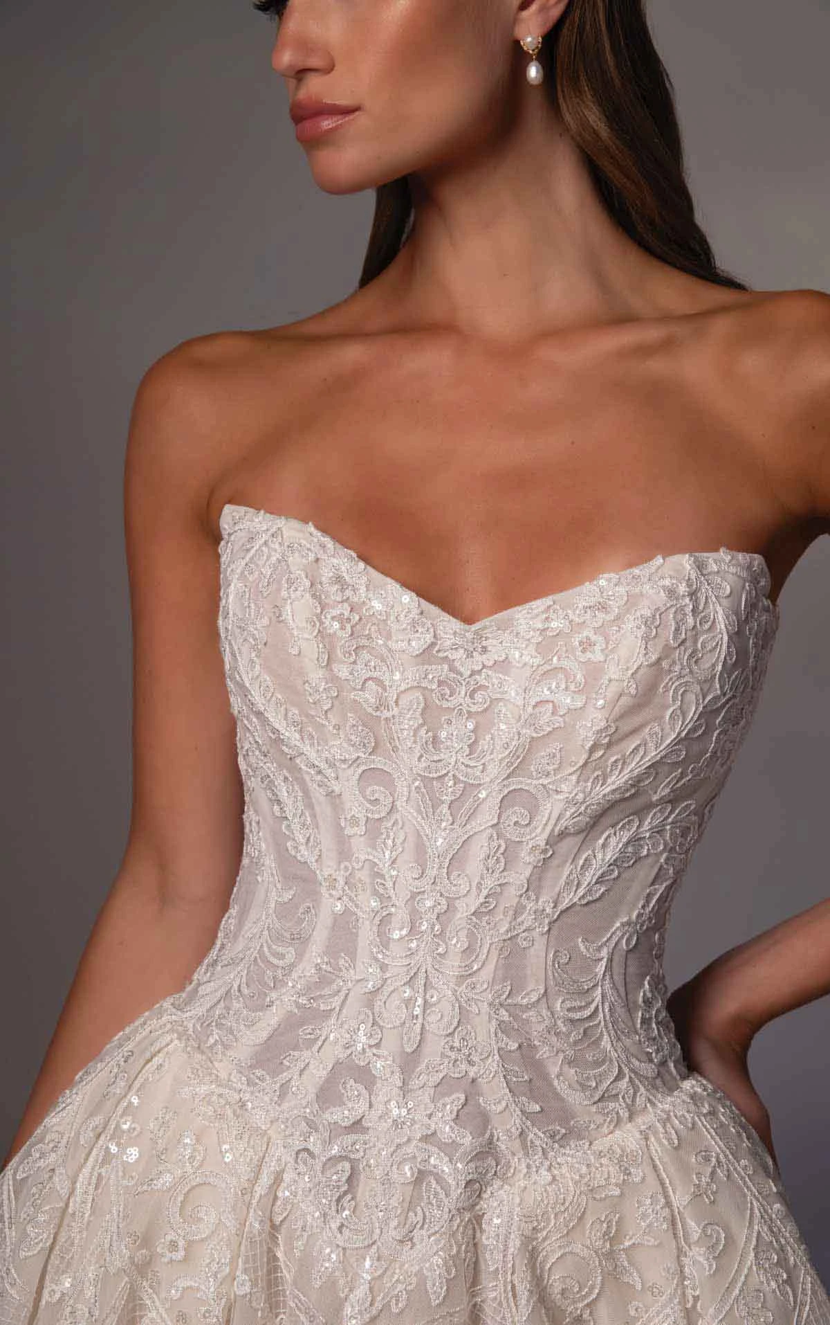 le1510 Ballgown Wedding Dress in Sparkling Lace with a Basque Waist and Detachable Sleeves  by Martina Liana Luxe