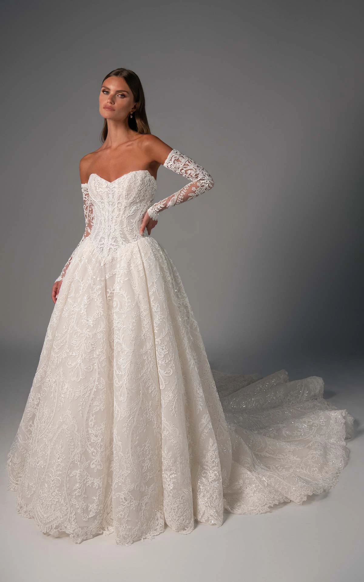 le1510 Ballgown Wedding Dress in Sparkling Lace with a Basque Waist and Detachable Sleeves  by Martina Liana Luxe
