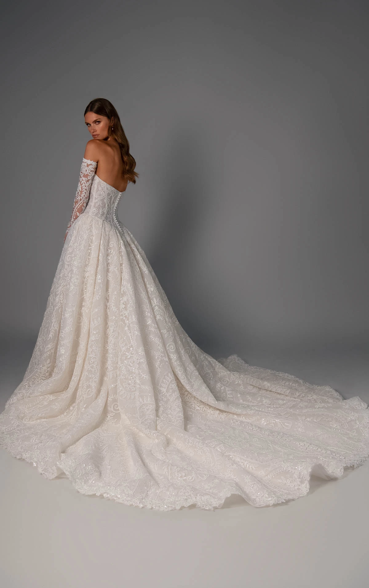 le1510 Ballgown Wedding Dress in Sparkling Lace with a Basque Waist and Detachable Sleeves  by Martina Liana Luxe