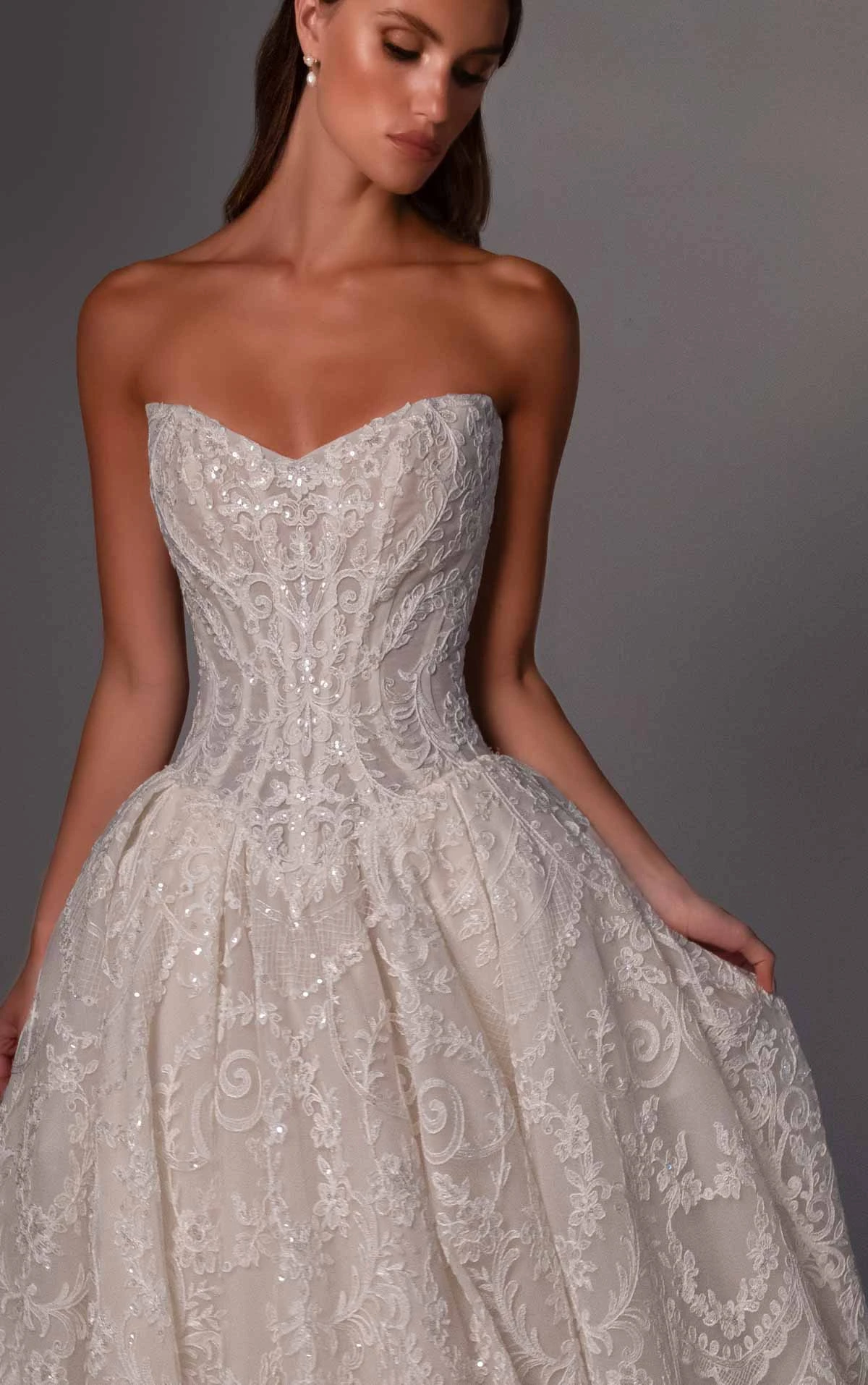 le1510 Ballgown Wedding Dress in Sparkling Lace with a Basque Waist and Detachable Sleeves  by Martina Liana Luxe